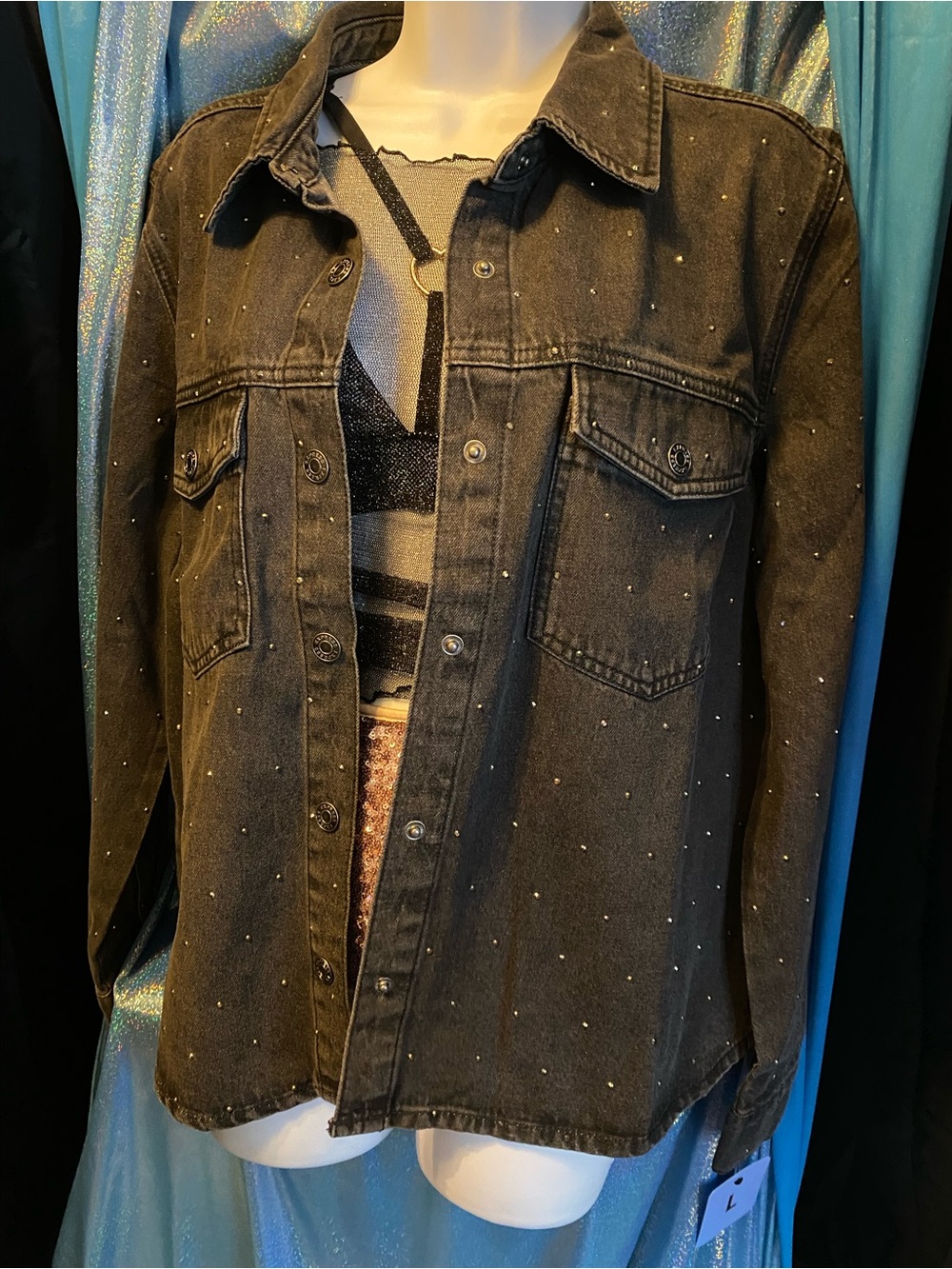✨🖤🤍Express Black Studded Denim Shirt Jacket, Women’s Size Large🤍🖤✨